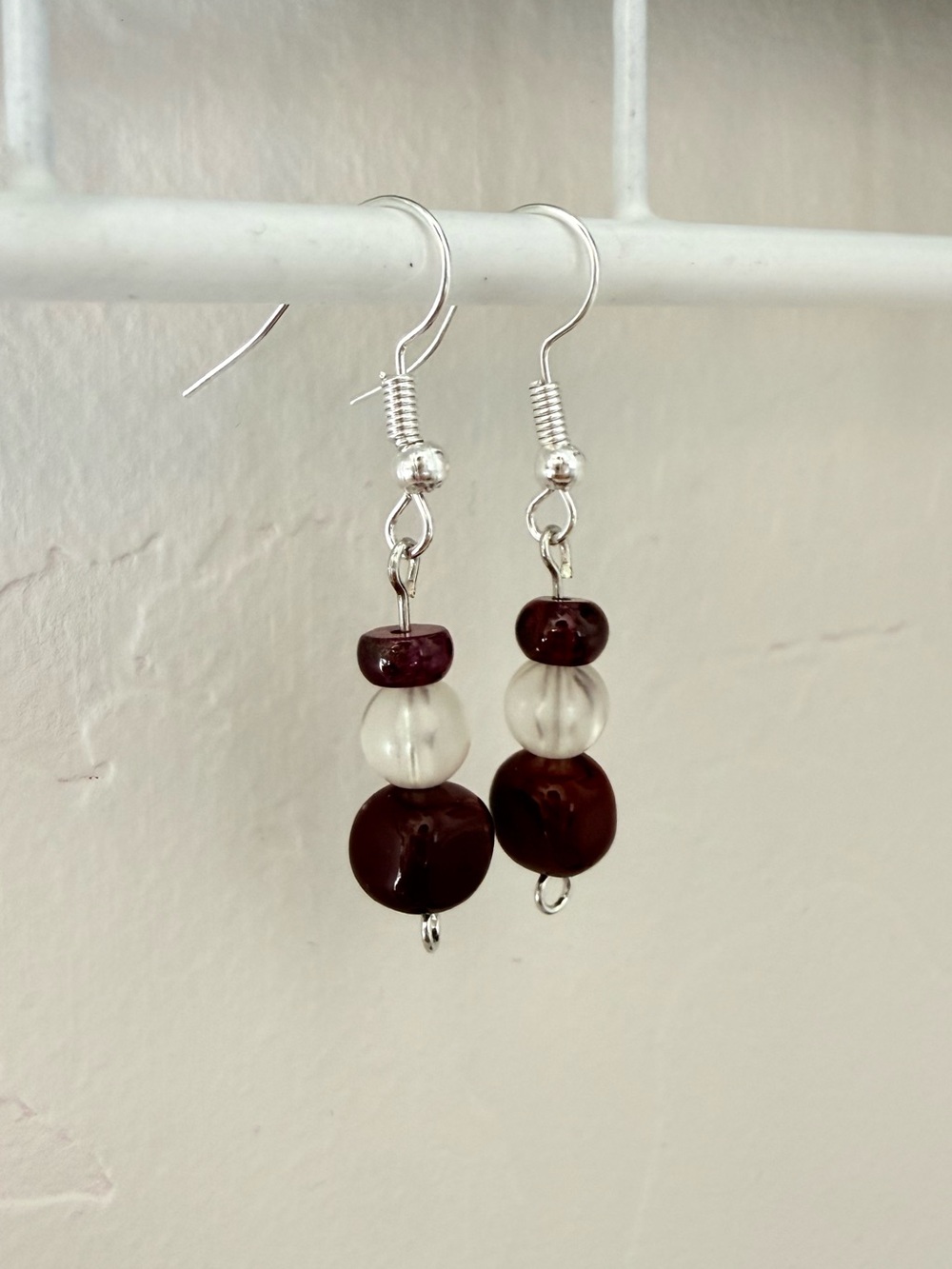 Handcrafted Cute Dainty Elegant Burgundy Clear Beads Drop Dangle Earrings